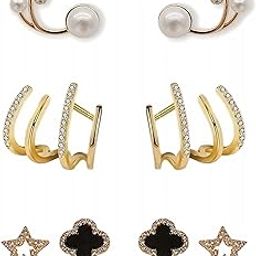 Combo Of 3 Latest Gold Plated White Pearl Diamond Flower | Crystal Star Or Clover Stud | Claw Ear Cuffs Korean Jewelry Earrings For Women And Girls-27