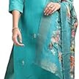 Women's Chanderi Cotton Floral Embroidered Kurta Pant & Dupatta Set | Round-Neck | 3/4 Sleeves-image-23