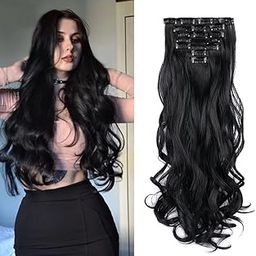 7 PCS Full Head Clip in Hair Extensions 24" Long Curly Synthetic Thick Hair Extension Wavy Hairpiece for Women Girls (Black)-image-24