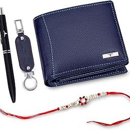 Rakhi Gift Hamper for Brother - Blue Men's Leather Wallet, Blue Keyring, Black Pen and Rakhi Combo Gift Set for Brother - 4699R-image-61