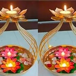 Decorative Floating Lotus Tealight Candle Holder Bowl Set with Gold Metal Stand, Set of 2-image-70