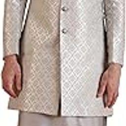 Men's Kurta Indo-Western Sherwani Churidar Set, Blue Jacquard, Woven Design Mandarin Collar Regular Fit Full Sleeves-image-11