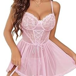 LUXZII Women's Sexy Lace Babydoll Nightwear Dress with Garter Straps & Panty – Sheer Lingerie Sleepwear, Women Night wear Dress for Women (Black)-image-95