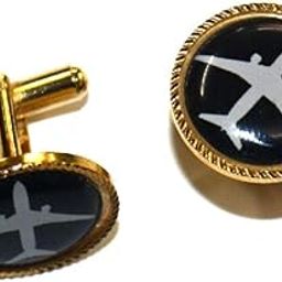 Black Aircraft Round Gold Plated Cufflinks for Aviation People-image-58