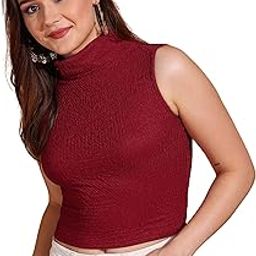 Women's/Girl's Sleeveless Mock Neck Textured Crop Top High Neck Design-image-64