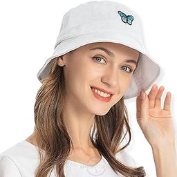 Butterfly Embroidered Women's Cotton Bucket Hat | White Color Cotton Fabric Caps | Stylish and Comfortable Sun Protection Cap, Medium-image-35