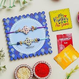Dreamica Set of 2 Designer Rakhi for Brother | Combo with ‘My Brother Is Awesome’ Fridge Magnet, Tilak Set (Roli-Chawal), and Greeting Card | Best Rakhi Gift For Brother (Rakhi-69)-91
