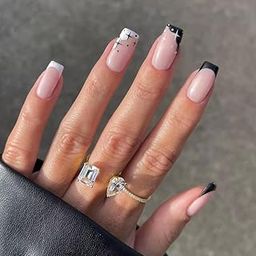 Secret Lives Aanie French Reusable Artificial Fake Nails 24 pieces Set White & Black Tips Design Press on Nails Extensions with Kit-24