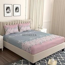 DECOREZA 280 TC Size 5 x 6.5 Feet Cotton Feel All Around Queen Size Elastic Fitted Bedsheets Queen Size Bed Sheet for Double Bed with 2 Pillow Covers, Size - 60 x 78 Inches, Pink Grey Floral-image-4