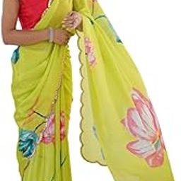 Women's Smooth Chinnon Digital Printed Saree With Paper Mirror Outing Border Work & Unstitched Matching Blouse Piece-image-12