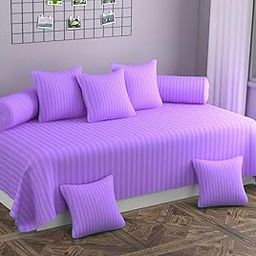 Dkenterprise Cotton Blend Satin Stipes Diwan Set (Combo Pack of 8) Included with 1 Single Bedsheet (70x100 in) | 2 Booster Cover (16x32 in) | 5 Cushion Cover (16x16 in) | Purple.-12