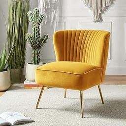 The Sofa Studio - Modern Upholstered Accent Velvet Chair Single Seater Channel Tufted Wing Back Chair with Golden Matel Legs for Living Room, Bedroom, Dining Room (Yellow)-image-39