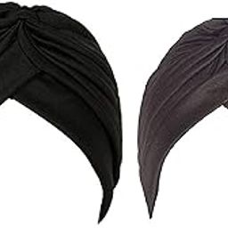 2 Pcs Men & Women Pleated Head Wrap Knit Bonnet Turban/Pleated Stretchable Polyester Pagri Head Cover/Sun Cap (Black & Brown)-image-121
