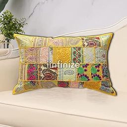 iinfinize Colorful Throw Cushion Cover | Patchwork Embroidered Furniture Cotton Vintage Pillow Cover | Rectangular - 16x24 Inch (Yellow)-image-41
