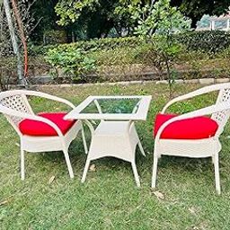 TERRALUXE Designer 2 Chair 1 Table for Garden|| Balcony|| Terrace|| Coffee|| Patio ||Wicker Seating Chair and Table Set Outdoor Furniture (D-8 OFFWHITE with 2 Chair 1 Table with RED Cushions)-7