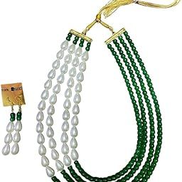 Elegant Pearl and Green Beaded Multi-Strand Necklace Set with Drop Earrings, Traditional Indian Jewellery-image-6
