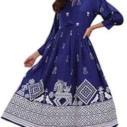 Women's Rayon Printed Indo-Western Ethnic Gown || Half Sleeve Square Neck Fit & Flare Flared Hem Design || A-Line Maxi Gown Casual Wear-image-95