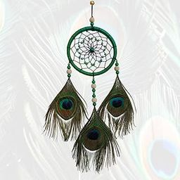 Bhavani Art & Craft Handcrafted Peacock Feather Dream Catcher, Green with Beads, Wall Hanging Decor for Car, Bedroom and Living Room (Black)-image-67