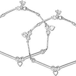 925 Sterling Silver Modern Heart Anklets for Women (Silver)-44