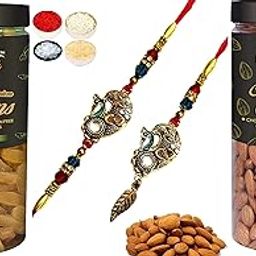 Premium Designer Peacock Lumba Rakhi for Bhaiya Bhabhi with Badam & KIshmish Jars Gift, Tikka with Personal Message & Roli Chandan Chawal Mishri Pack-image-15
