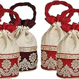 Canvas Embroidered Design Potli Bags Handbags for Women Gifting Wristlets for Wedding, Festival, Kitty Subh Shagun-Pack of 6 (Red & Maroon)-image-48