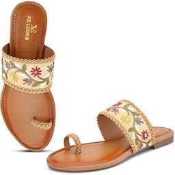 Women's One Toe Ethnic Slip-On Flat Slippers Embellished & Trendy Footwear For Women & Girls-32