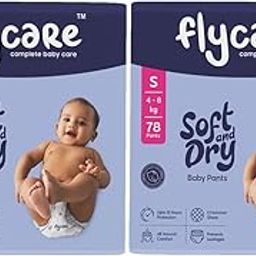 Flycare Soft & Dry Baby Pant Style Diaper S Size (Small) | 4-8 kg | 156 Count (Pack of 2) |Comfortable and Cotton Soft Diaper with Leakage Guard, Wetness Indicator, Upto12 Hours Protection-1