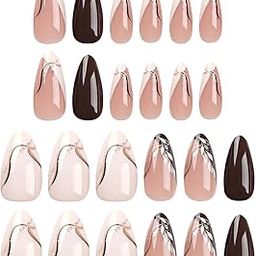 24 Piece Press On Nails Almond Shape, Press On Nails Kit for Women, Artificial Nails for Beautiful Manicure, Easy to Apply False Nails, Ideal for Wedding, Party, Gift Giving,Nails-44