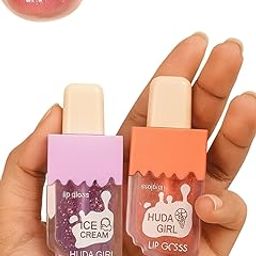 HUDA GIRL 2pc Ice Cream Shape Lip Gloss Set - Lightweight, Non-Sticky, Shimmery Effect - Long Lasting Liquid Glitter Lip Tint - Waterproof Lip Gloss for women-1