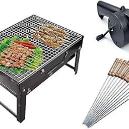 Barbecue Grills - Foldable Charcoal Barbeque Grill With 10 Skewers, 2 Spatula & 1 Air Blower | Outdoor bbq grill tools for Camping Hiking Picnics Traveling - Stellar Black-picture-4