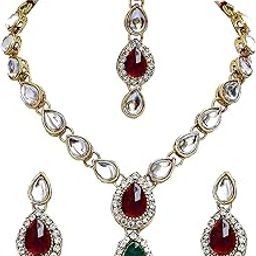 Maroon and Green Gold Plated 1 Line Kundan Jewellery Set for Women (MSK-1-LINE-MG)-image-81