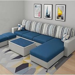 CASASTYLE Adona 8 Seater Fabric RHS Sectional L Shape Sofa Set with Centre Table & 2 Puffy (Dark Blue- Light Grey)-picture-13