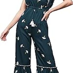 Women's Floral V-Neck Ruffled Sleeves Viscose Rayon Tiered Regular-Length Jumpsuit-picture-30