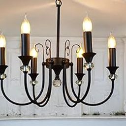 WOKE Farmhouse Chandelier, 6-Light Crystal Black Light Fixture for Dining Room,Rustic Industrial Pendant Ceiling Light Fixture Candle Chandelier for Living Room (Bulb not Included)-image-46