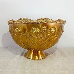 Vintage Gold Decorative Pedestal Bowl with Floral Embossed Pattern, Scalloped Rim-image-58