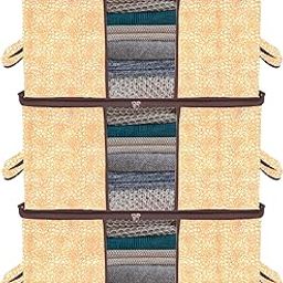 Kuber Industries Underbed Storage Bag | Flower-Design Blanket Cover with Clear Window | Zipper Closure & Handle Cloth Organizer | Large | Pack of 3 | Brown-image-96