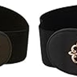 Women's Elastic Waist Belts with Decorative Buckles, Black, Set of 2, Gold-Tone Bow and Vintage Style-11