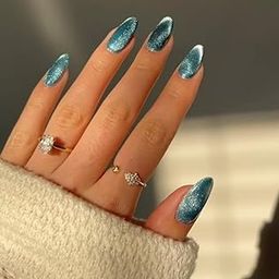 AMOK STORE Pack Of 12 Fake Nail with Glue -UV Treated Tips, Reusable Press-On Almond shape Nails with cats eye effect perfect nail set (Blue Glam)-image-14