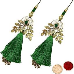 Buyent ® elegant Kundan pearl Beautiful Handmade lumba rakhi for bhabhi set of 2 chuda rakhi for women latkan rakhi for bhabhi sister in law with roli chawal pack-34