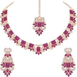 Colored Crystal Diamond Necklace with Earrings and Maang Tikka for Women - Jewellery Set for Party, Wedding-image-11