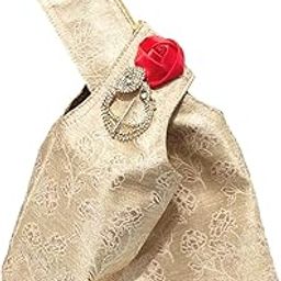 Ethnic Handbags for Women Jacquard Royal Gold Color artisan potli bags Handcrafted Self Design (Golden,Red)-image-2