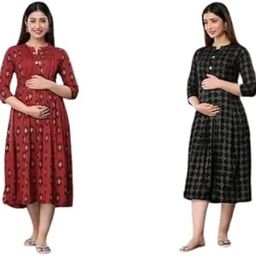 SHRI KESARI Fashion Productions Maternity Dress for Women, Printed, Knee Length, 3/4 Sleeves, Pack of 2-image-57