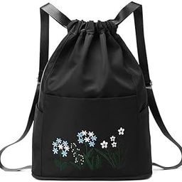 Unique Foldable Embroidery Flower Print Backpack Travel Drawstring Waterproof Bag Women Outdoor Gym College Back Bag Girl Travel Bag || Dry and Wet Separation || Duffel Bag (Black)-28