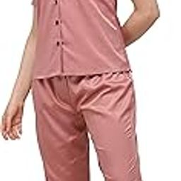 Women's Silk Satin Comfort fit Shawl Collar Night Suit Pair-15