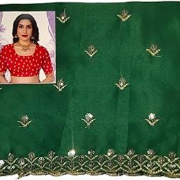 Embroidered Satin Fabric, 1 Metre, Green with Gold Sequin Border-image-3