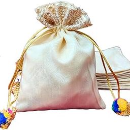 Lushure Organza With Gota Patti Lace Work and Pom Pom Design Potli for sagan Gifting, Diwali Gifting, Wedding - 20X16 CM (10)-image-2