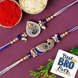eCraftIndia Set of 2 Rakhis for Brother | Designer Peacock Rakhi Set for Bhaiya Bhabhi | Best Bro Ever Fridge Magnet | Roli Chawal Pack-24
