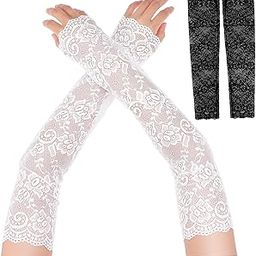 2 Pairs Women's Lace Gloves Long Elbow Length Sleeves Floral Pattern Arm Covers for Wedding Tea Party Bridal Elegant Arm Warmer-image-5