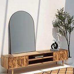 Modern Wooden TV Stand with Arch Mirror – Geometric Pattern Storage Cabinet, Open Shelves, Natural Wood Finish, Mid-Century Design Entertainment Unit for Living Room-image-72