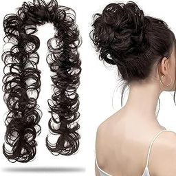 D-DIVINE Frill Hair Extensions Elastic Stretchable Synthetic Frill Add Volume Wavy Messy Juda Bun Ponytail Maker Diy Hair Styles For Women And Girls Dark Brown-image-65